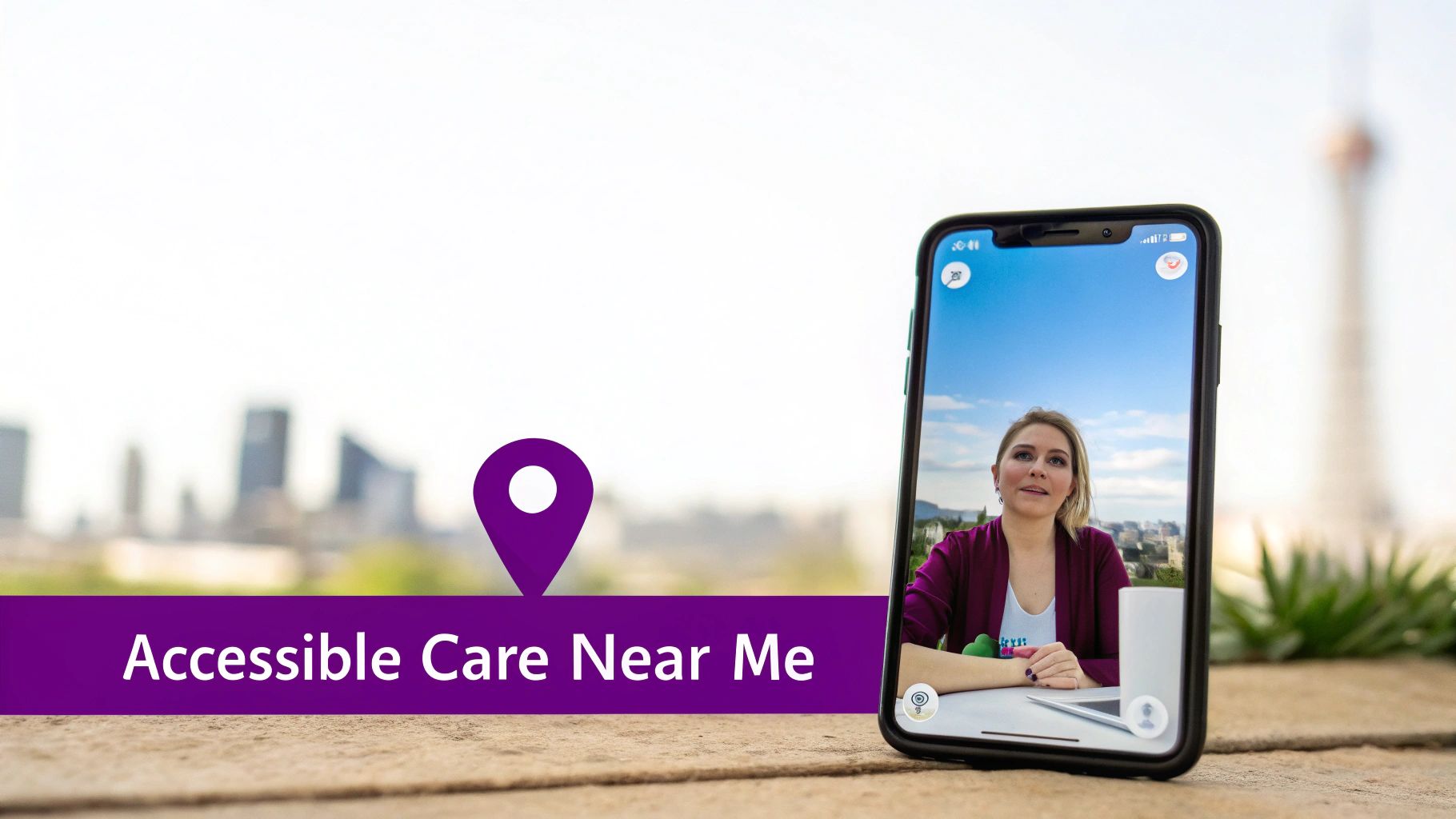 A smartphone displays a video call with a woman, overlaid with a purple banner "Accessible Care Near Me" and a location pin icon.