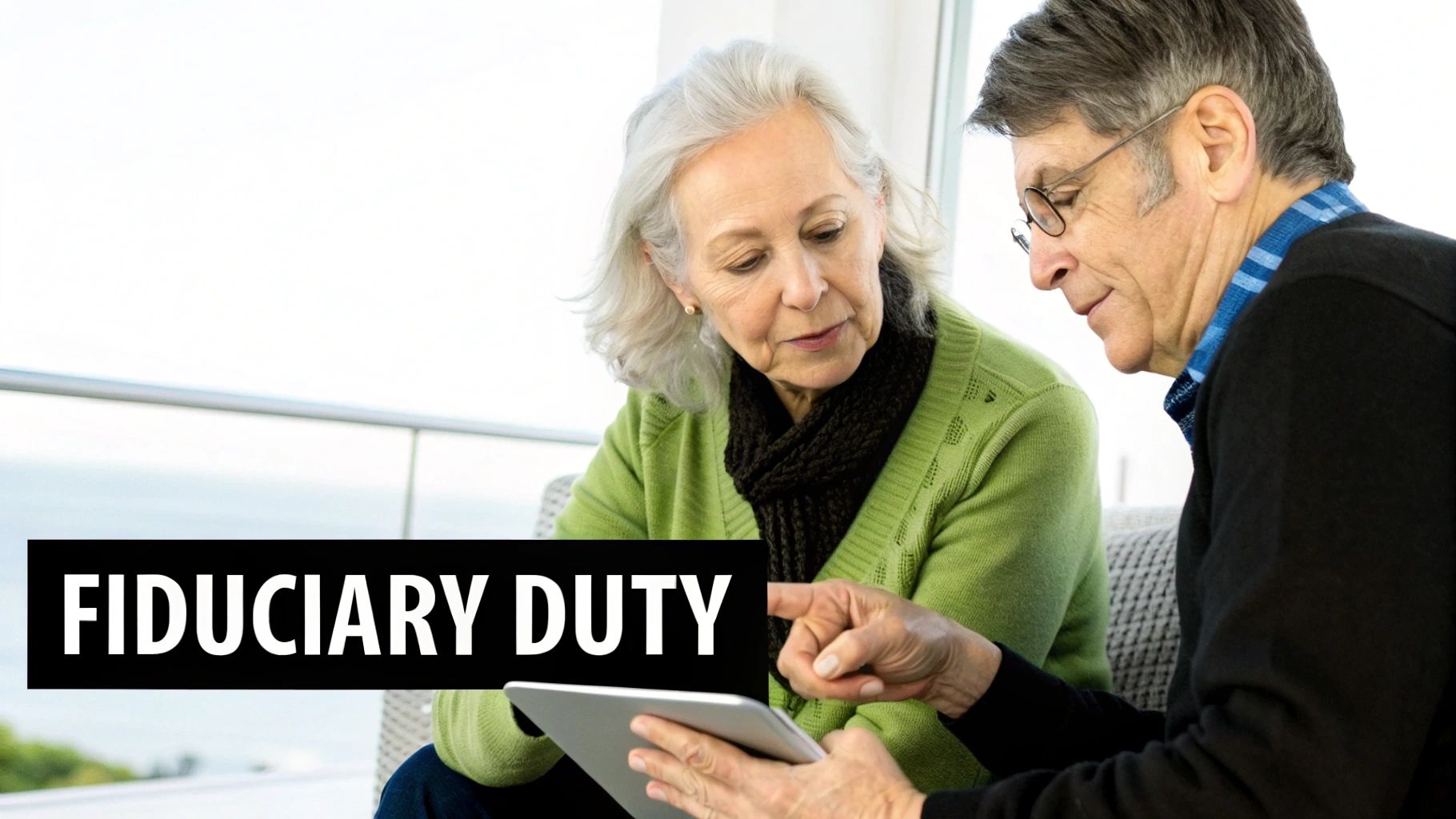 Two senior individuals, a man and a woman, are discussing information on a digital tablet, with the text 'FIDUCIARY DUTY' visible.