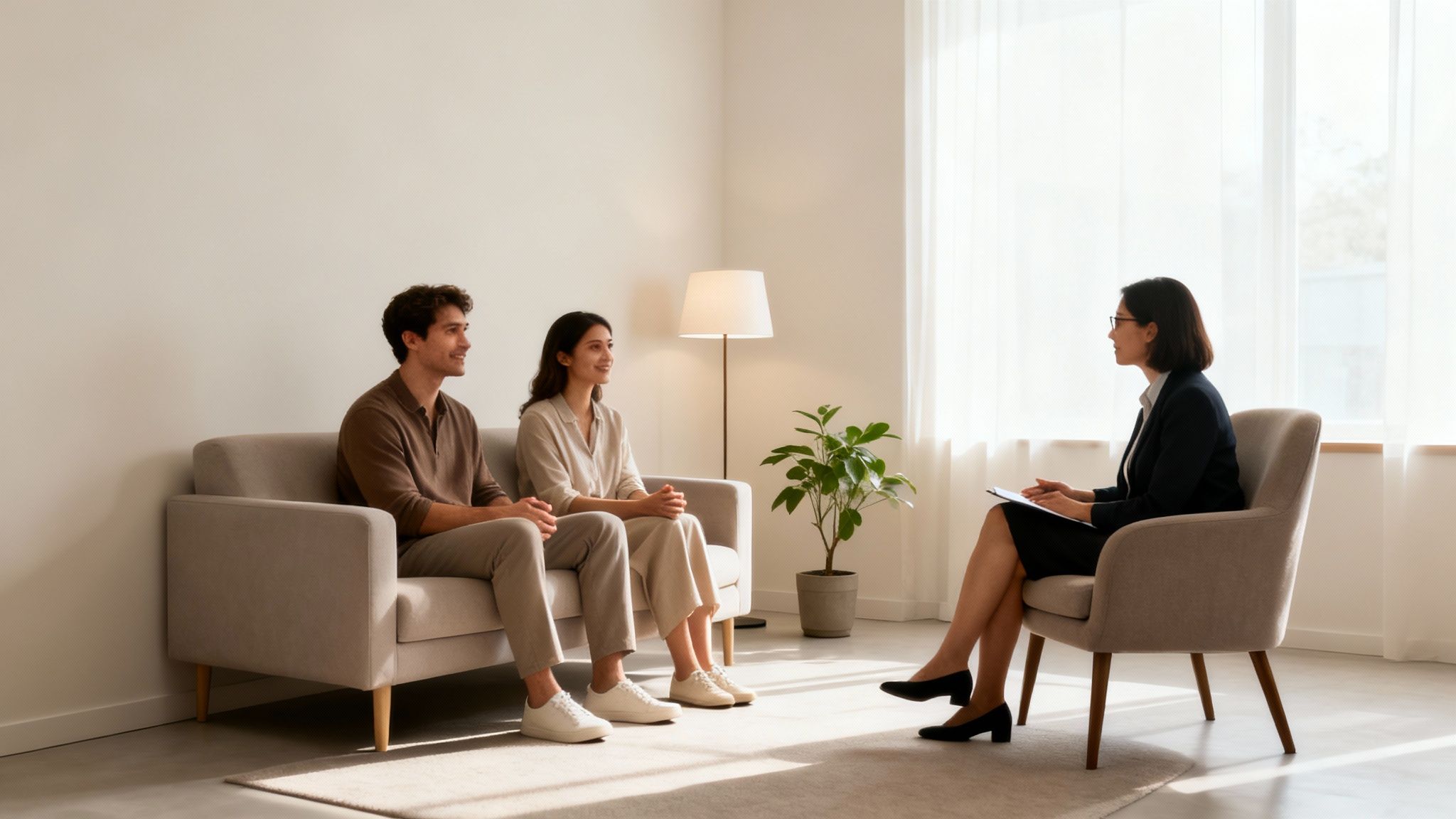 A smiling couple sits on a gray couch, attentively listening to their female therapist in a bright room.