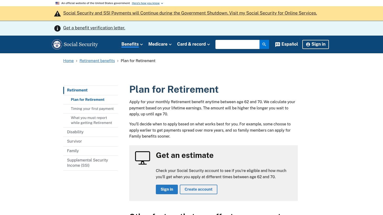 Social Security Administration (my Social Security + official calculators)