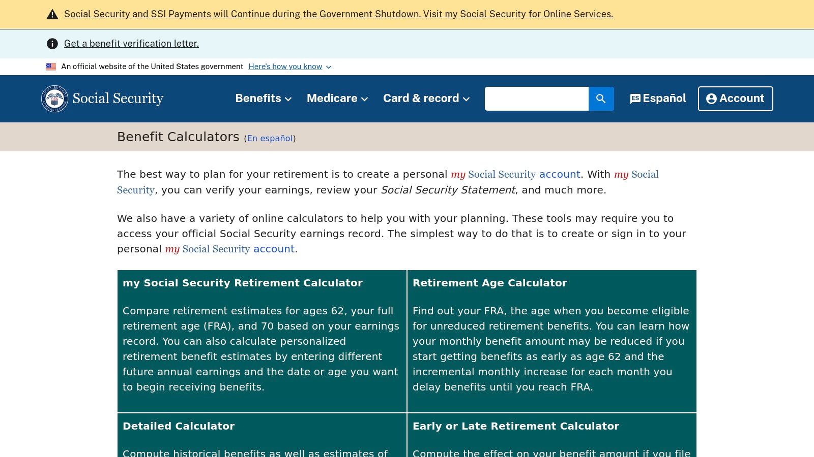 Social Security Administration (SSA) Benefit Calculators