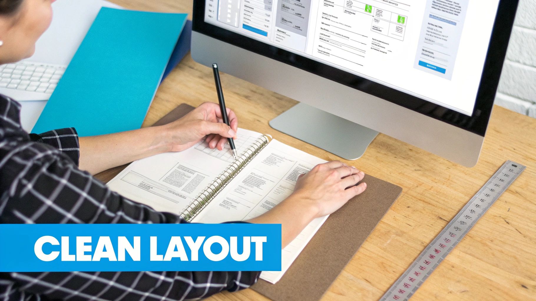 A person writing notes in a spiral notebook at a clean wooden desk with a computer monitor.