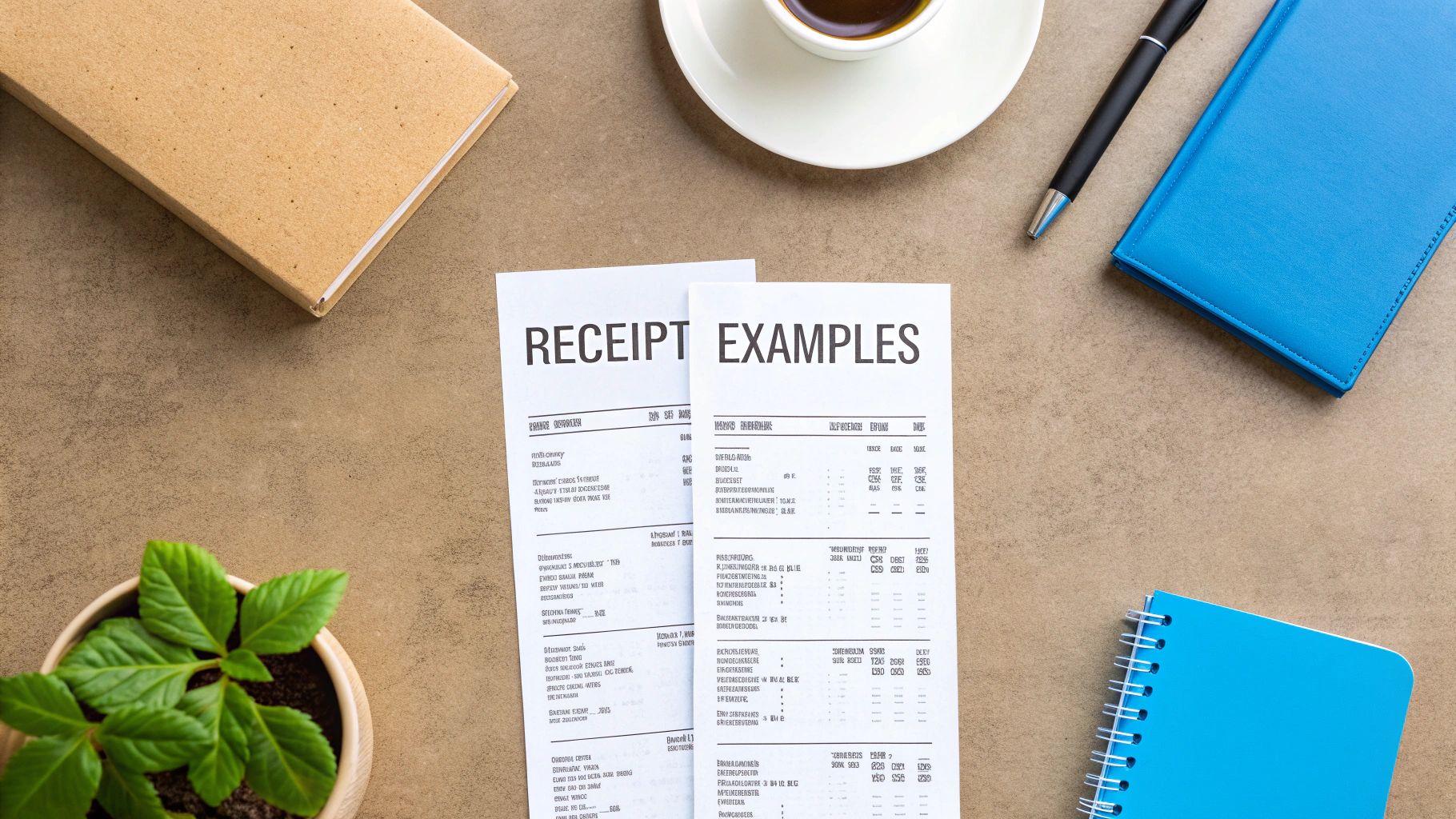 Overhead shot of a desk with two 'RECEIPT EXAMPLES' papers, notebooks, coffee, pen, and a plant.