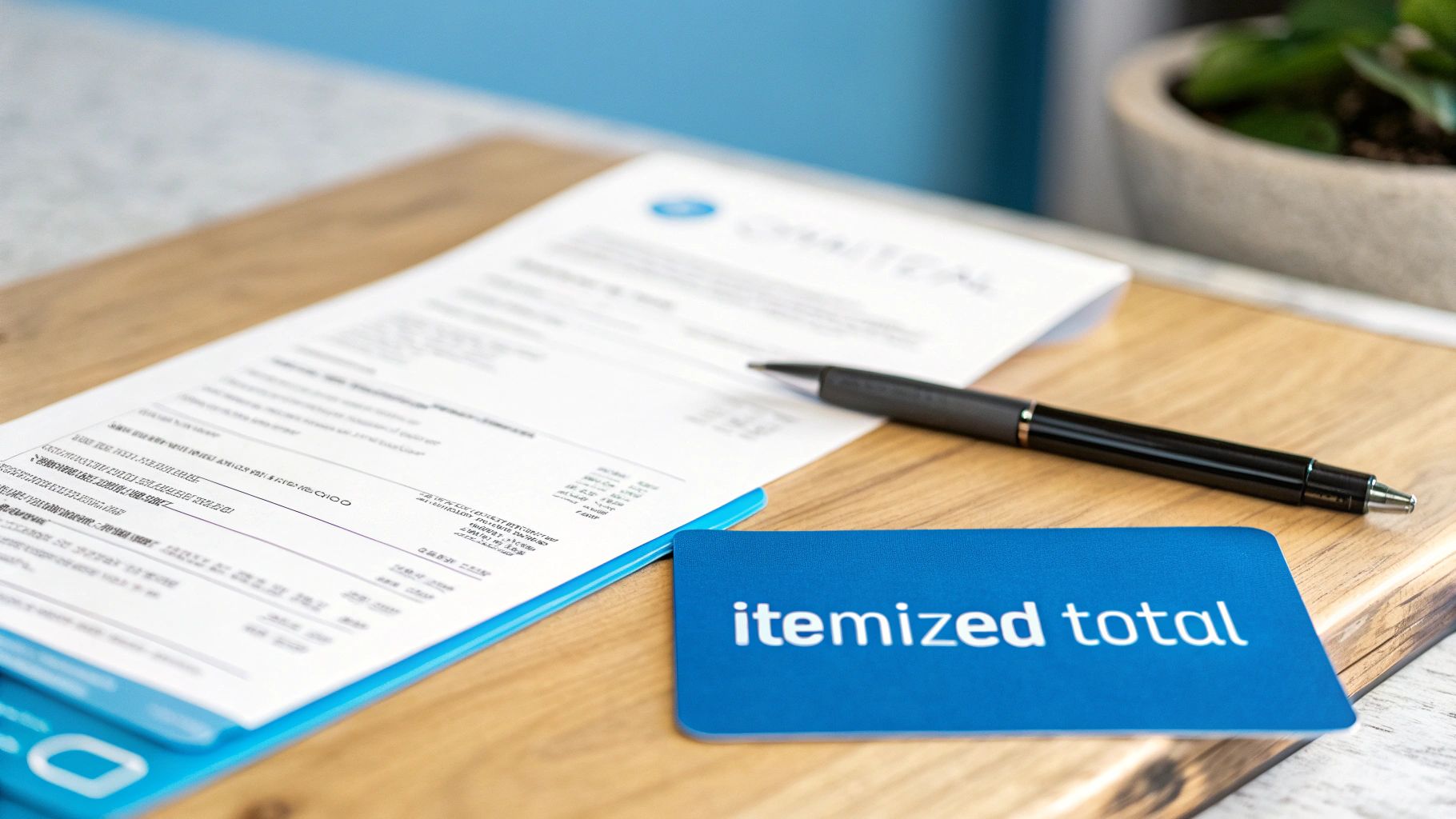 A payment receipt or invoice, a black pen, and a blue card with 'itemized total' on a wooden desk.