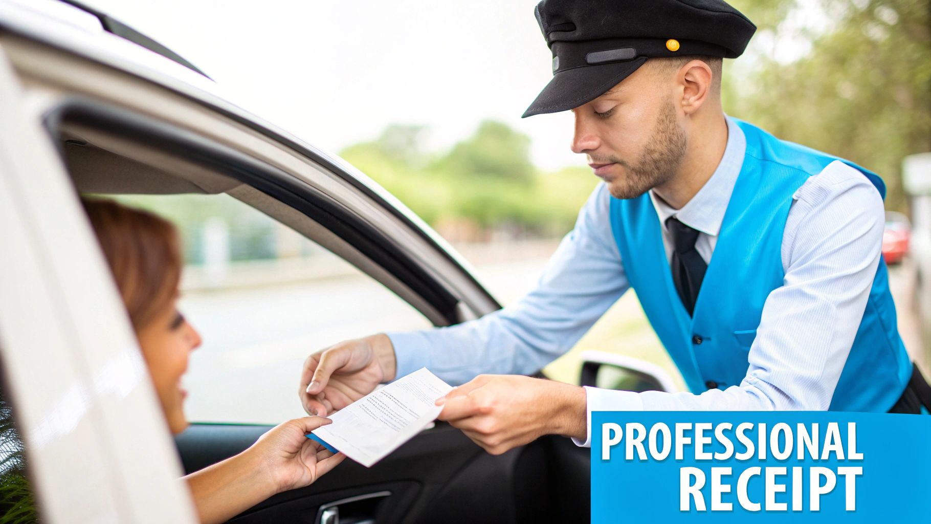 A professional driver in a uniform hands a receipt to a woman inside a car, emphasizing customer service.