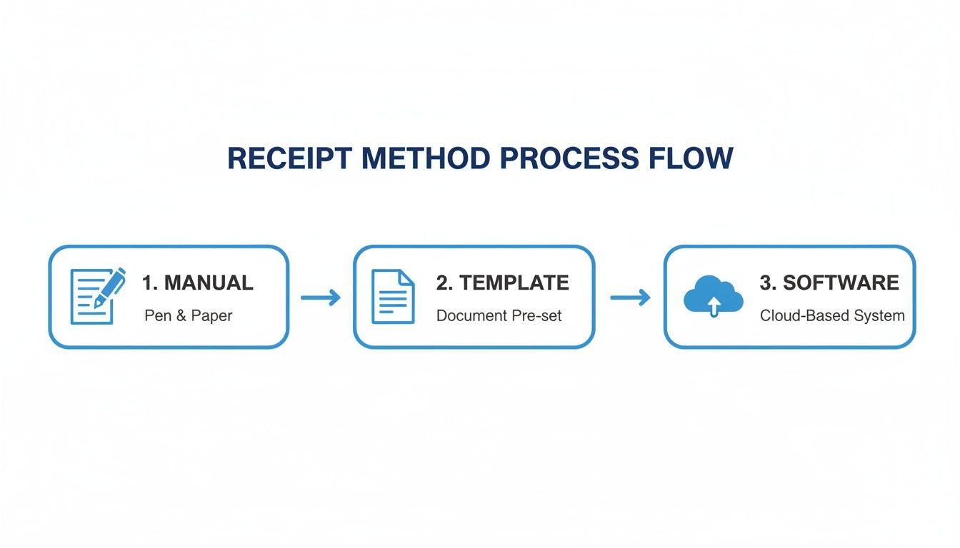 A process flow diagram illustrating three methods for creating receipts: manual, template, and software.