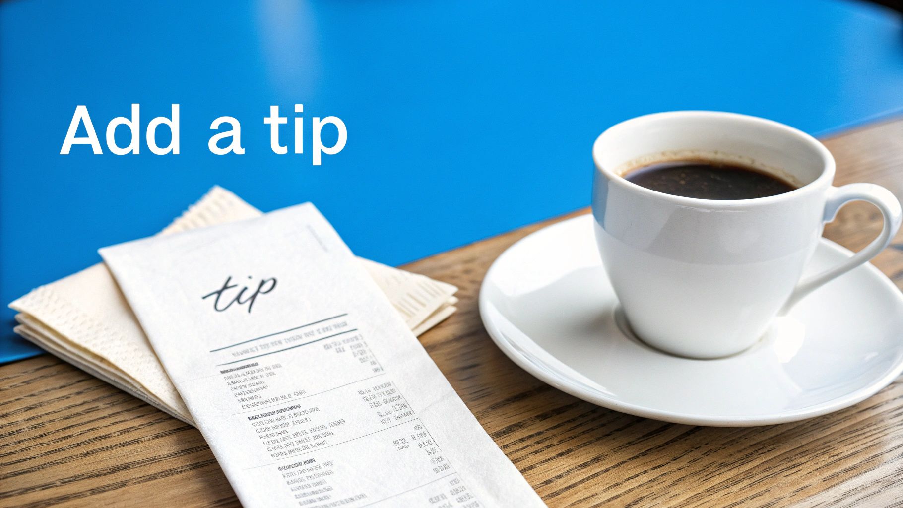 A white coffee cup and a receipt with 'tip' written on it, next to the text 'Add a tip'.