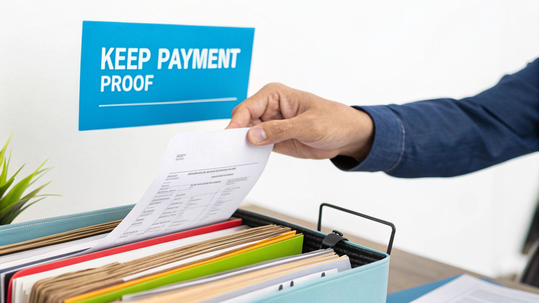 A person's hand places a payment receipt into a file organizer next to a 'KEEP PAYMENT PROOF' sign.