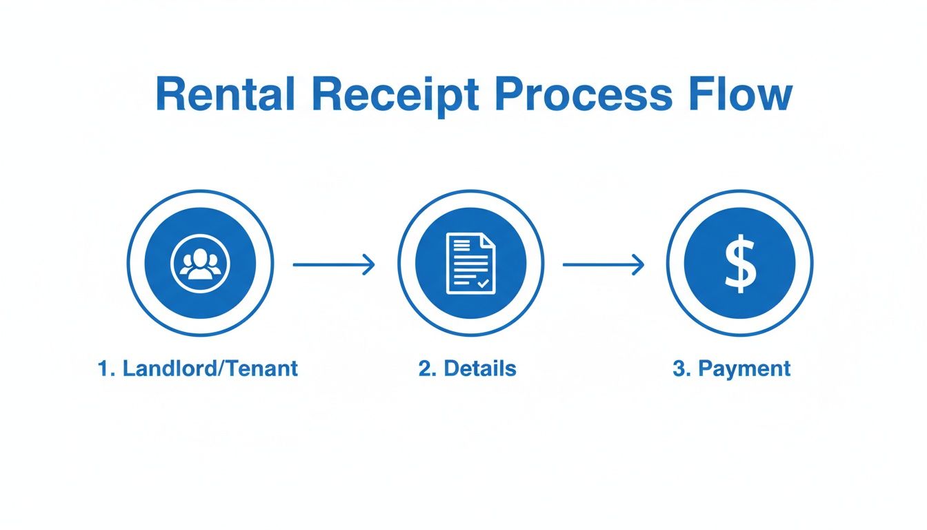 A clear process flow diagram outlining the three steps for rental receipt generation: Landlord/Tenant, Details, and Payment.