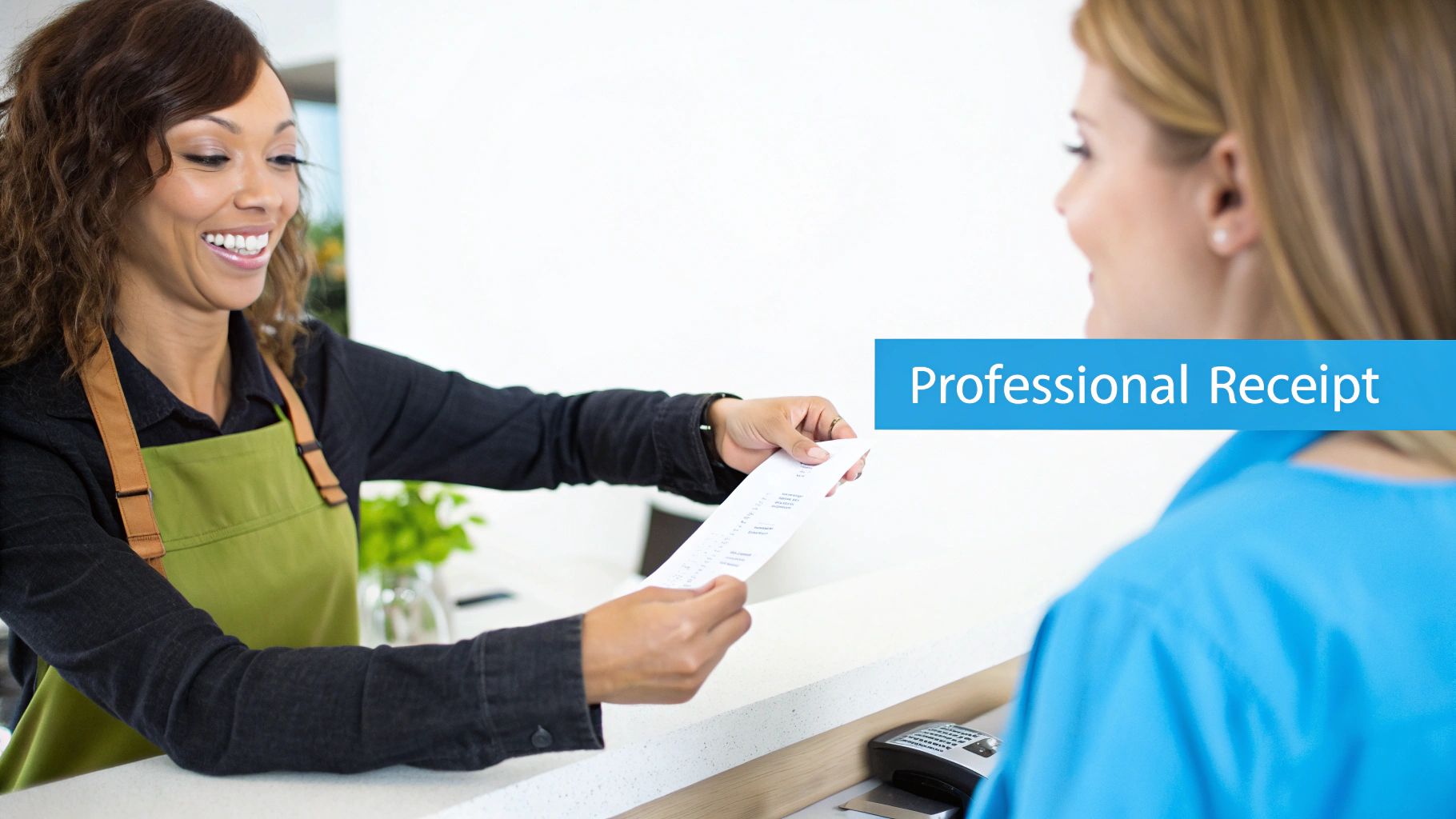 A smiling woman in a green apron hands a professional receipt to a customer.