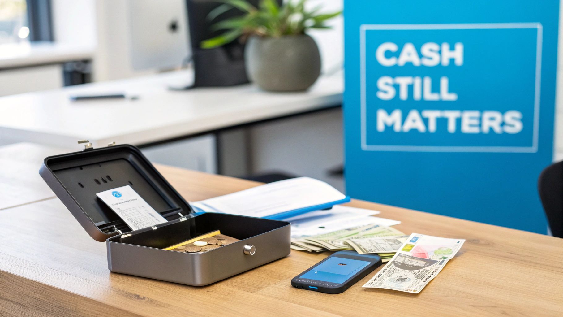 A cash box filled with coins and cash, next to a smartphone and banknotes on a wooden desk. A blue sign in the background reads 'CASH STILL MATTERS'.