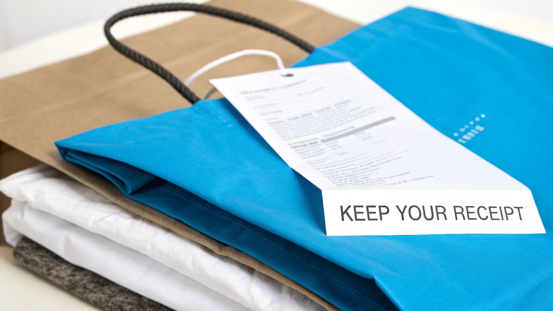 A receipt with 'KEEP YOUR RECEIPT' hanging from a blue shopping bag, with a brown bag and folded laundry.