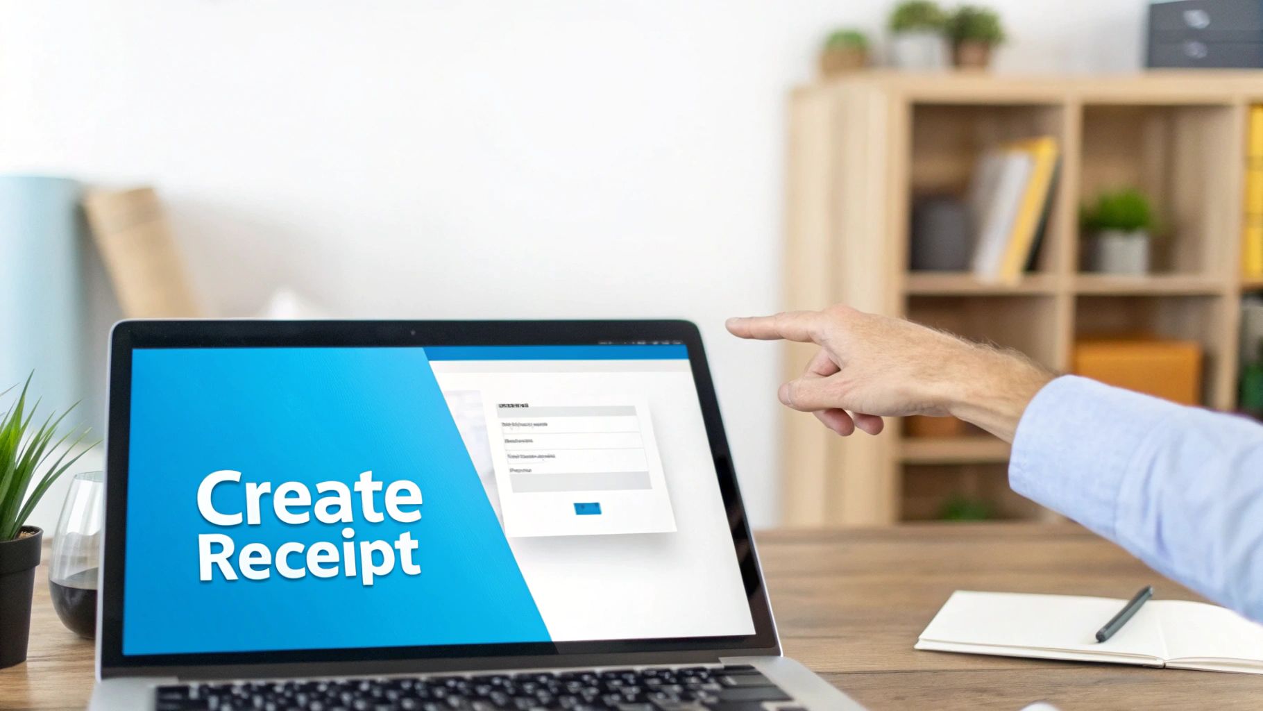 A hand points at a laptop screen showing 'Create Receipt' and a digital form for financial transactions.