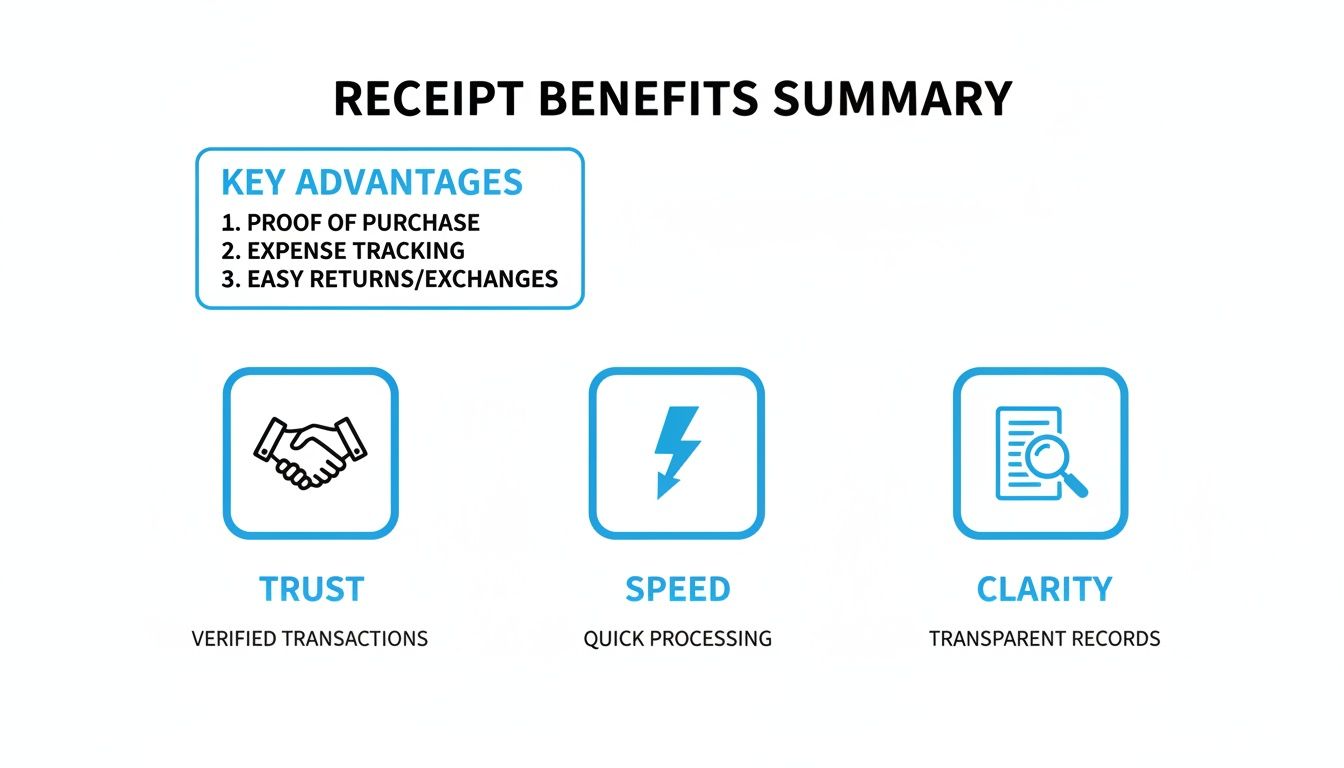 Infographic summarizing receipt benefits: proof of purchase, expense tracking, easy returns, trust, speed, and clarity.