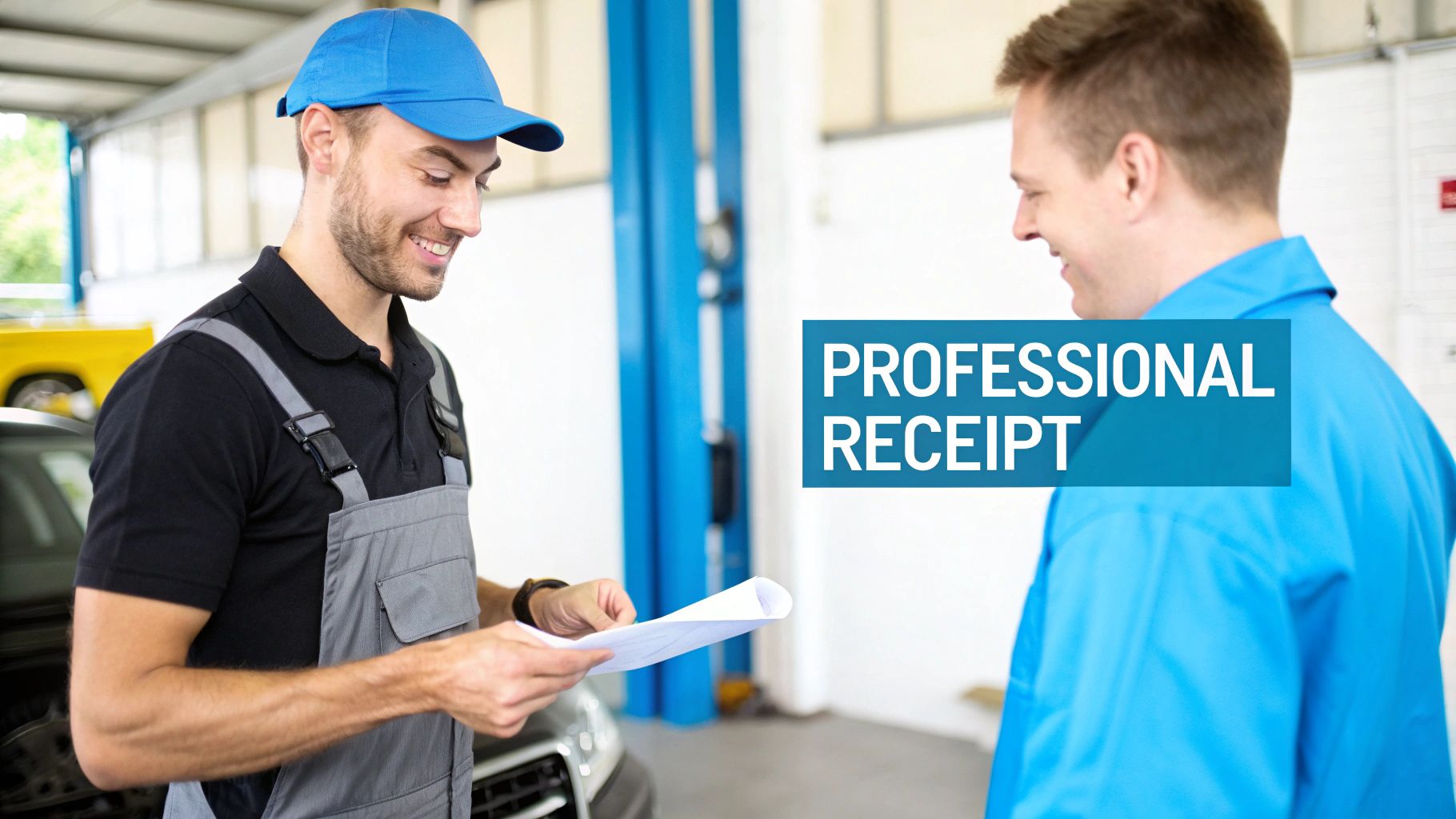 A smiling mechanic shows a professional receipt to a customer in an auto repair shop.