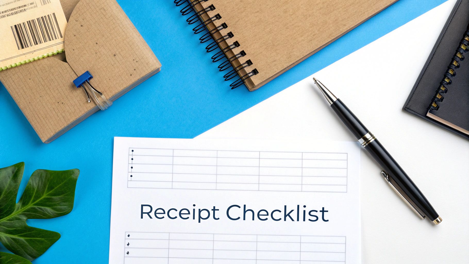 Flat lay of a document titled 'Receipt Checklist' with a pen, notebooks, and a green leaf on blue and white background.