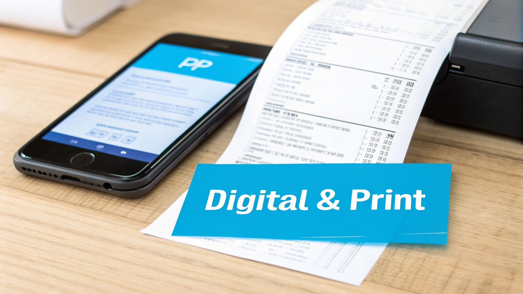 A smartphone displaying an app next to a long printed receipt emerging from a thermal printer, with a 'Digital & Print' overlay.