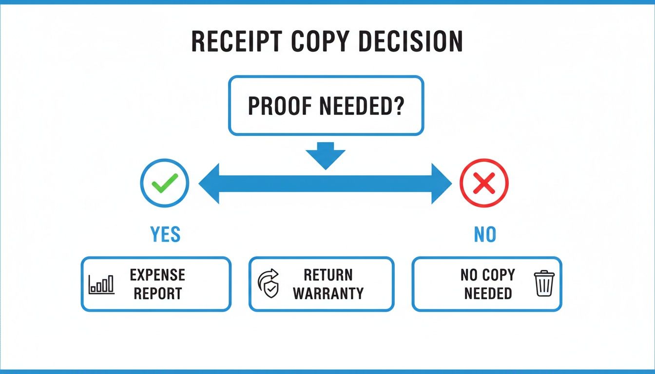 A flowchart guiding decisions on keeping receipt copies for expense reports or warranties.