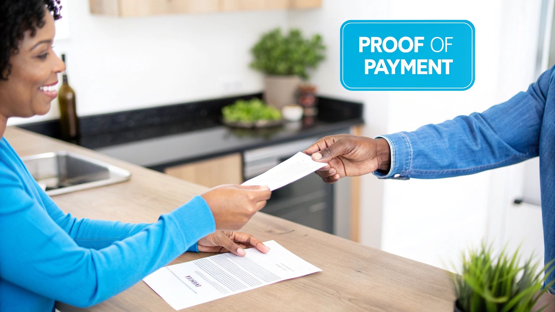 A smiling Black woman accepts a document from a man, with a 'PROOF OF PAYMENT' overlay.