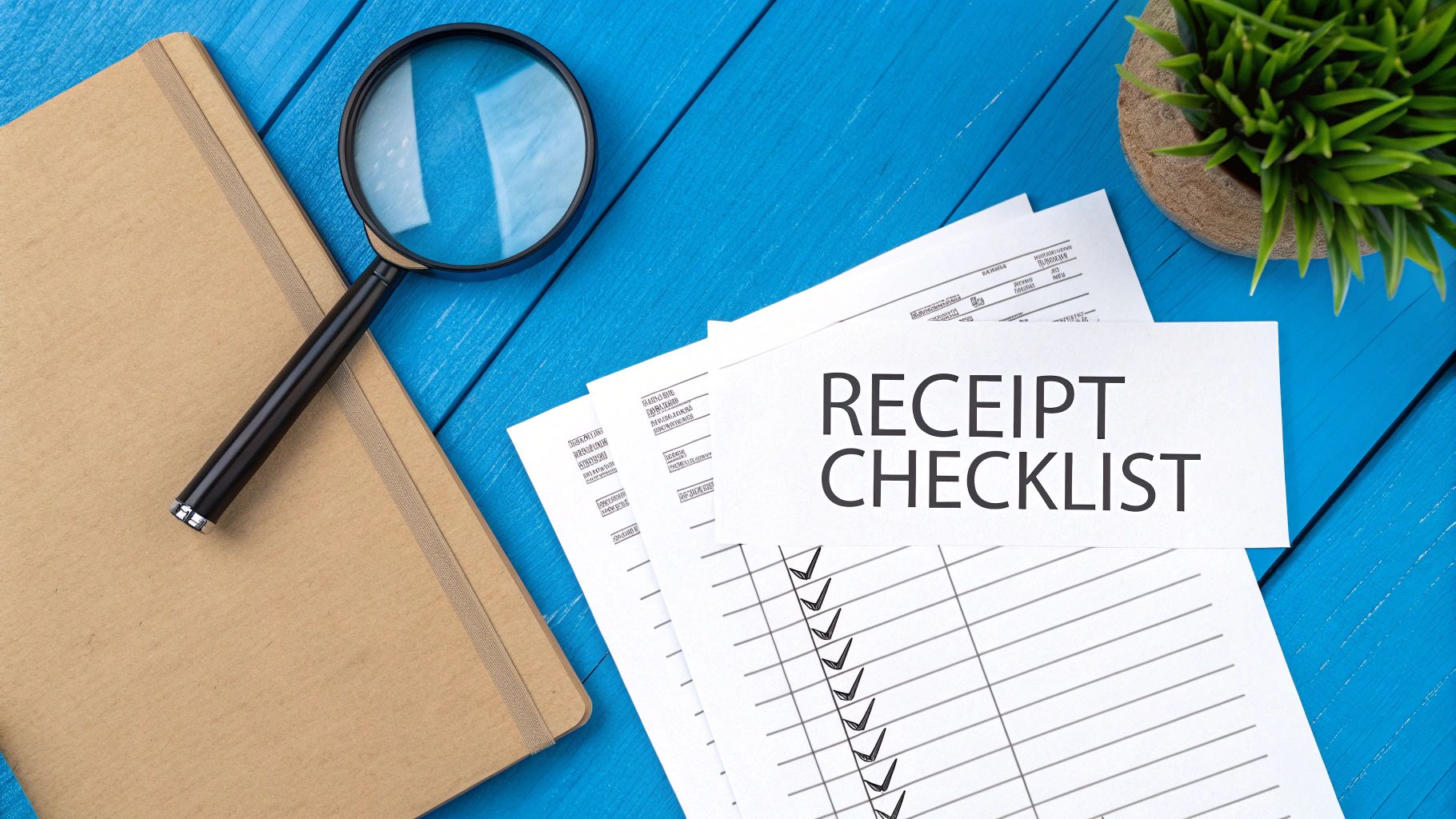 A 'RECEIPT CHECKLIST' document with checkmarks, a magnifying glass, and a notebook on a blue wooden table.