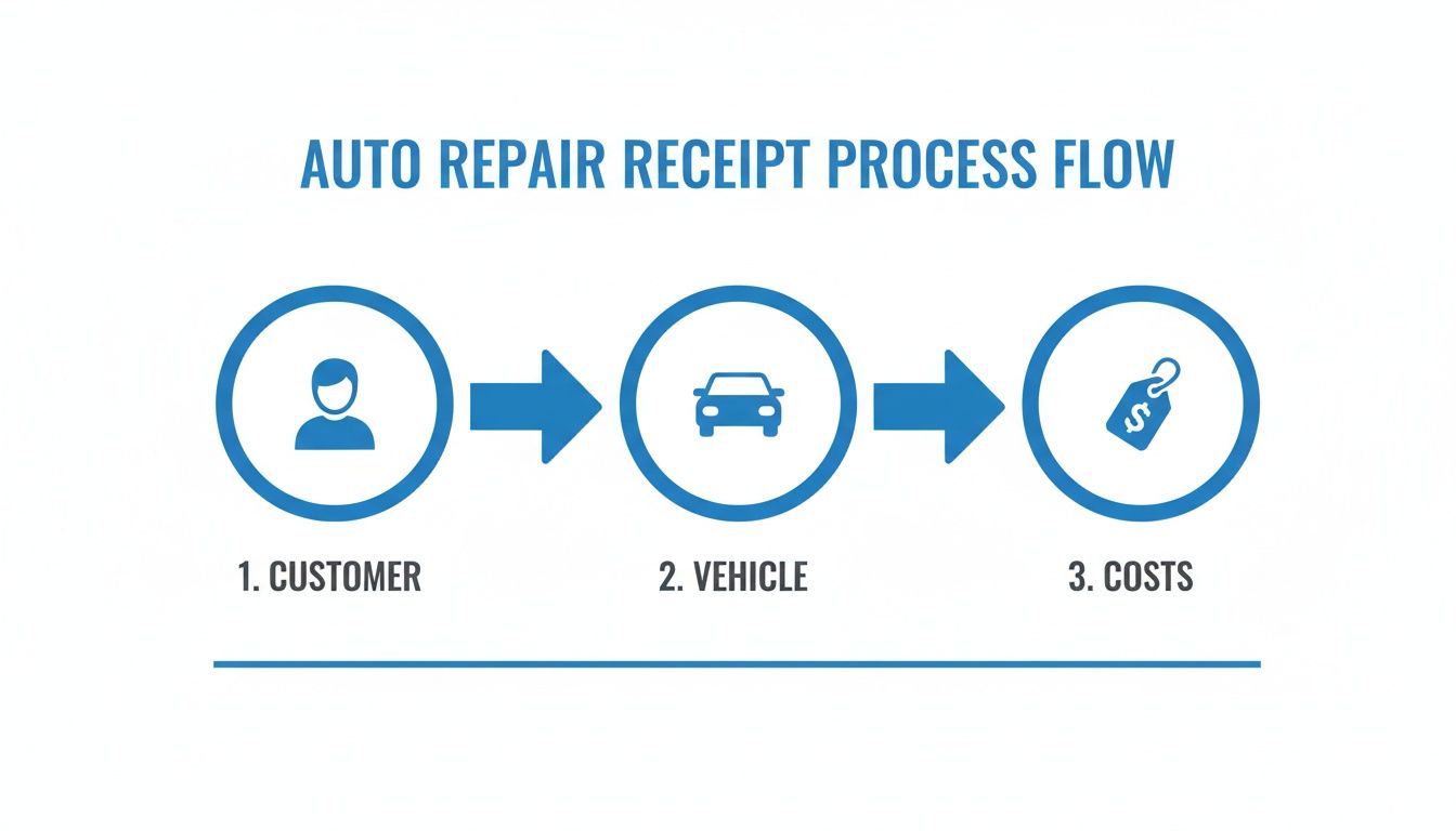 A simple flowchart illustrating the auto repair receipt process flow: Customer, Vehicle, and Costs.