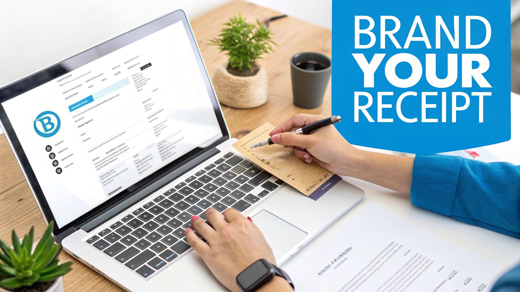 A person branding a receipt on a laptop, holding a physical receipt and a pen.