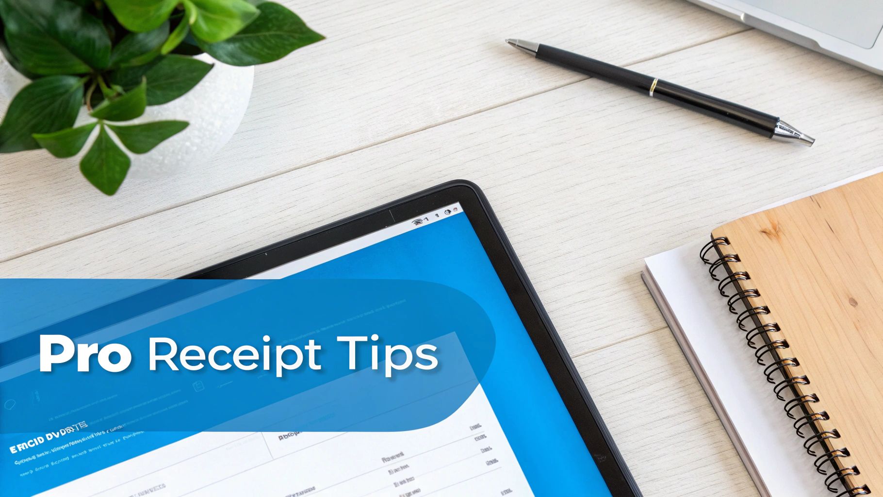 Overhead view of a tablet displaying 'Pro Receipt Tips' alongside a plant, pen, and notebook on a white desk.