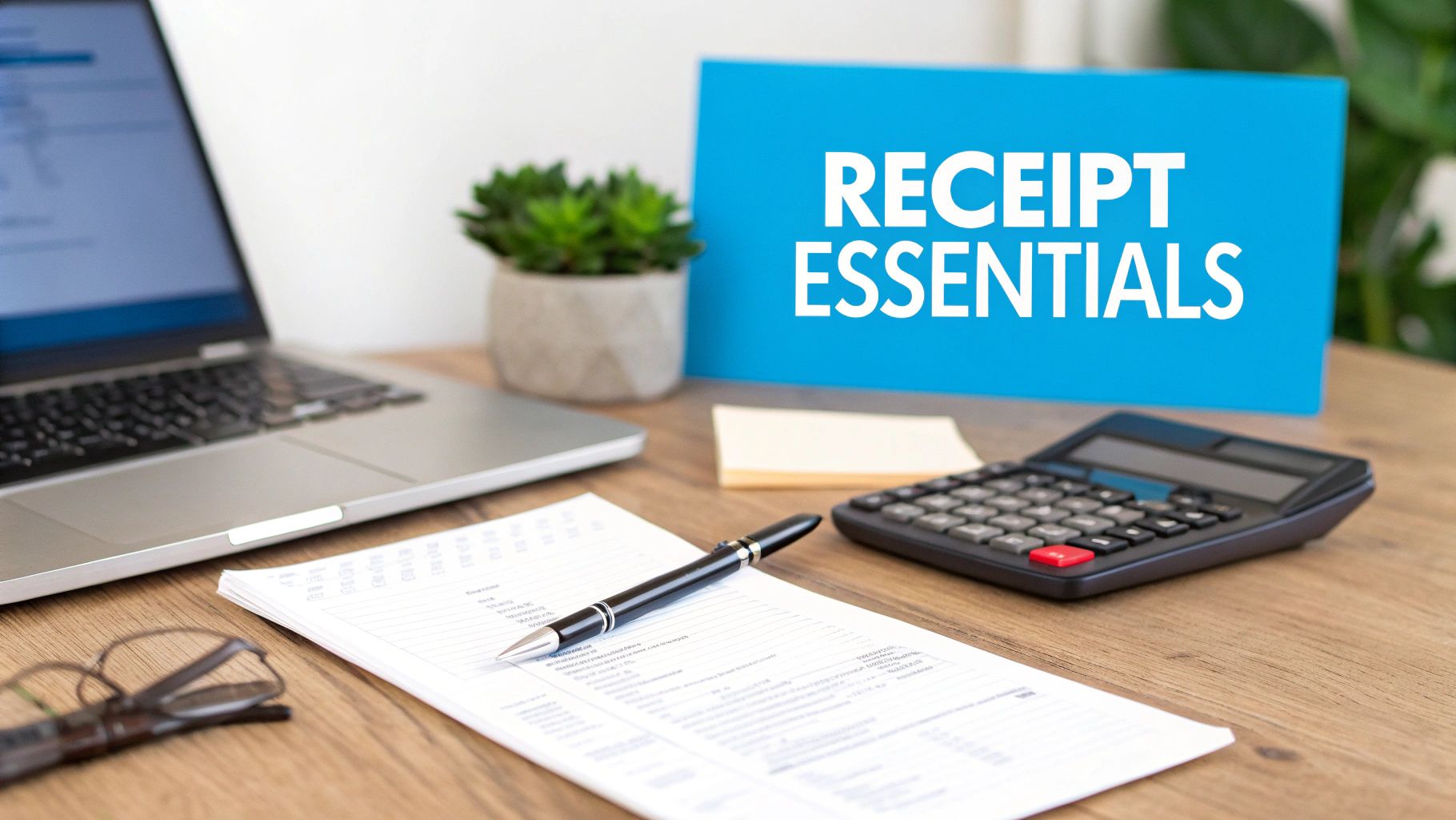 A desk setup with a laptop, calculator, documents, and a blue sign reading 'RECEIPT ESSENTIALS'.