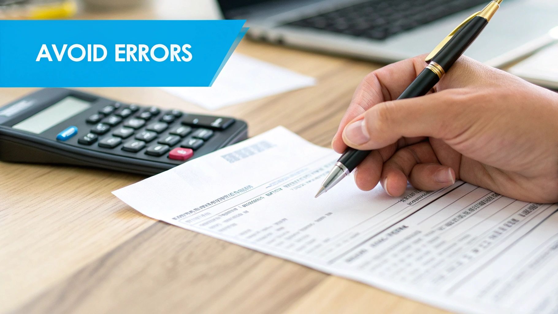 A hand writes on a document with a pen, calculator, and a banner reading "AVOID ERRORS".