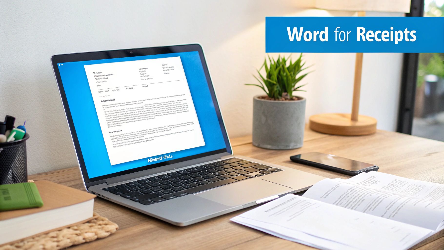 A laptop displays a receipt template in Microsoft Word on a wooden desk with office supplies.
