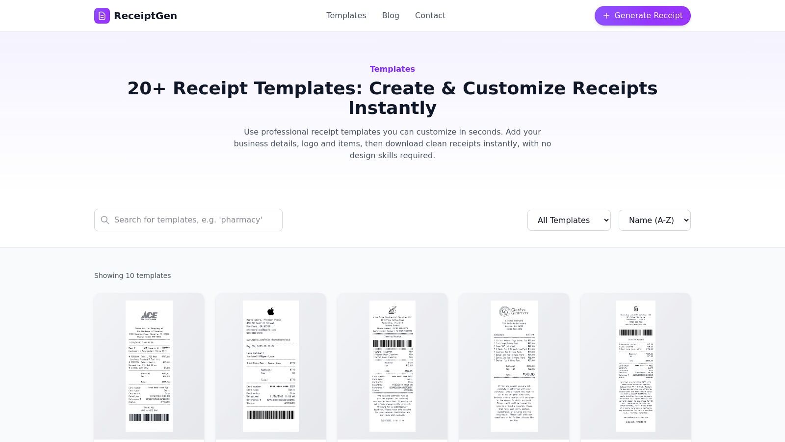 A screenshot of the ReceiptGen website showcasing various receipt templates available for customization.