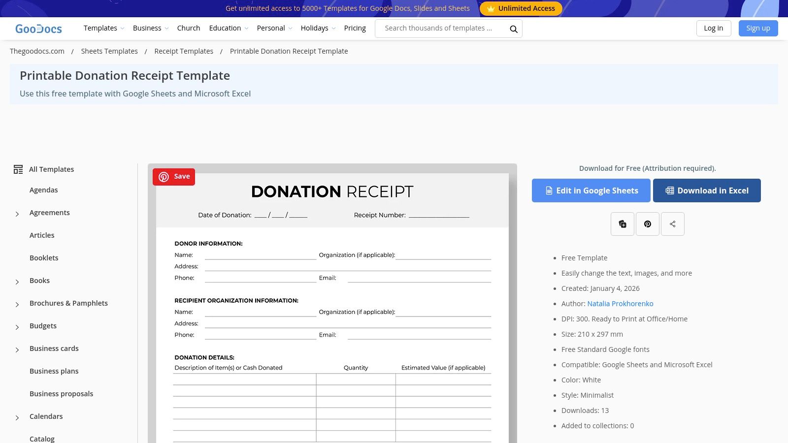 TheGoodocs' printable donation receipt template shown in a spreadsheet format, with clear fields for donor and donation details.