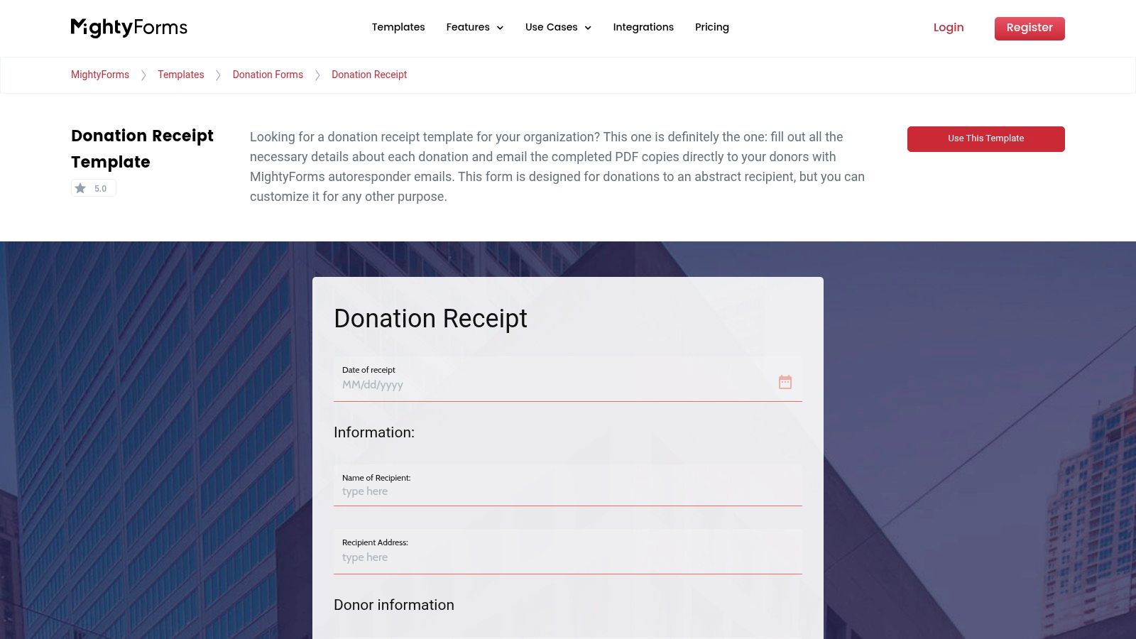 MightyForms donation receipt template page showing a form builder interface with a sample donation form.