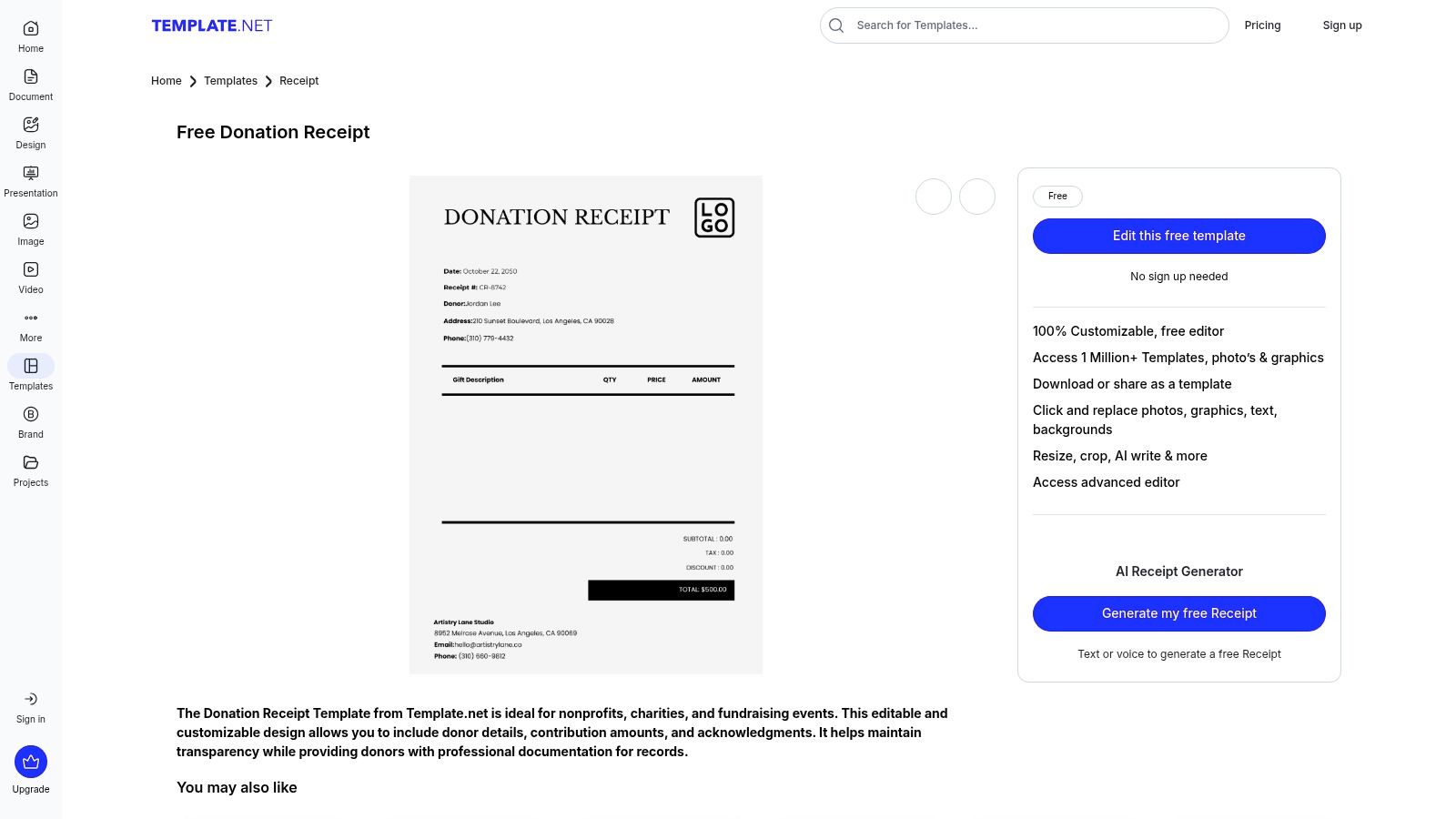 Template.net's donation receipt template, showing a clean, editable layout in their online editor.