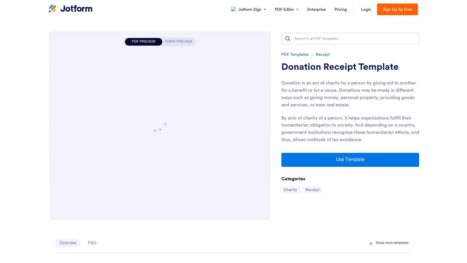 Jotform's donation receipt template page, showcasing a sample receipt with fields for donor information, donation details, and organization branding.