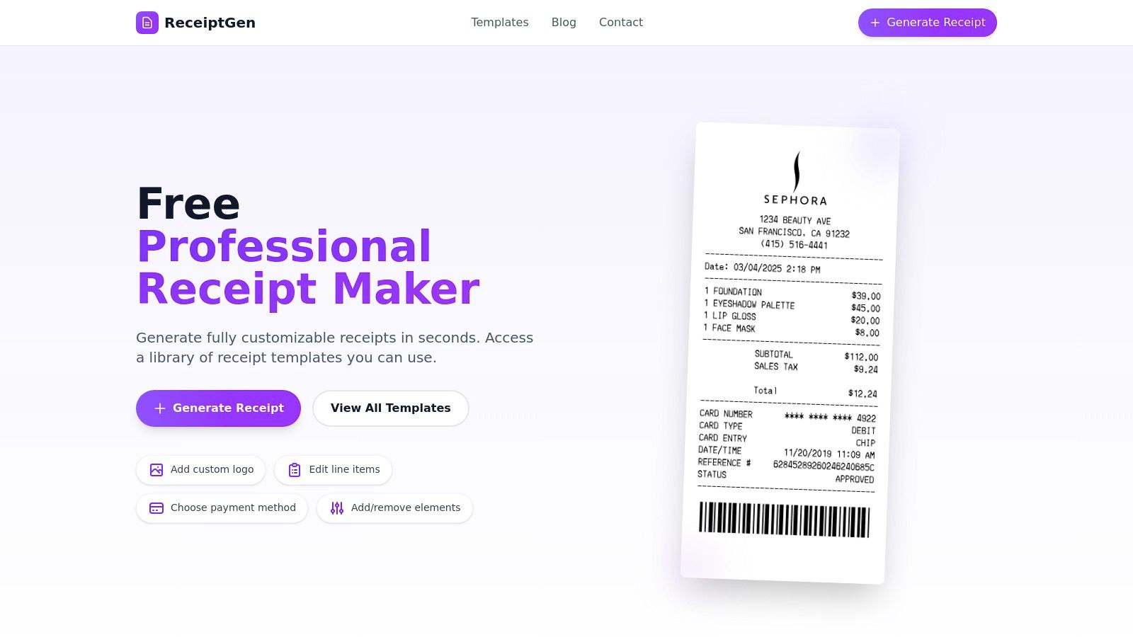 A user interface of ReceiptGen showing a customizable business receipt template with fields for logo, company details, line items, and payment information.