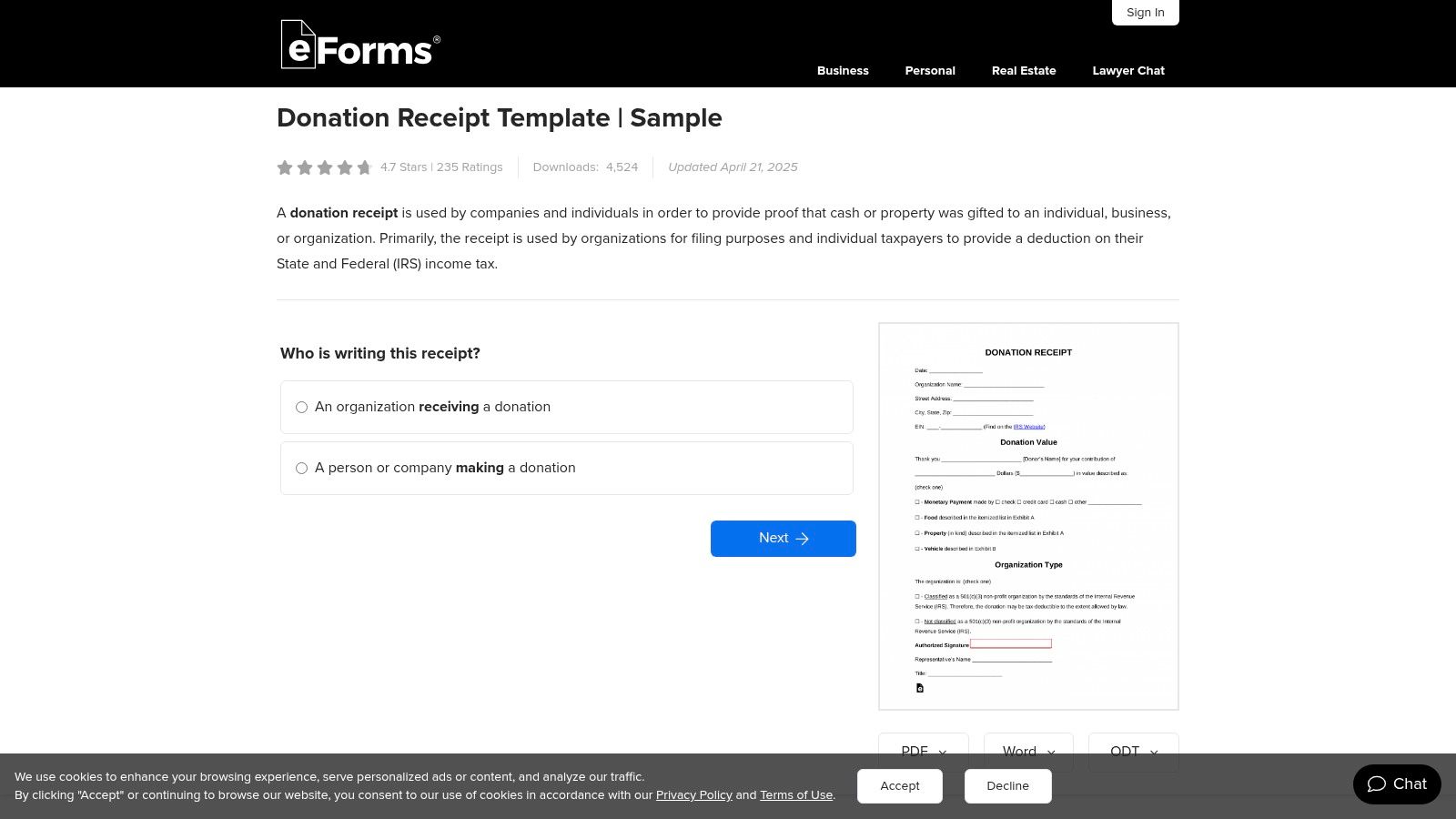 eForms' donation receipt page, showcasing options for different formats and donation types like cash, in-kind, and vehicle.