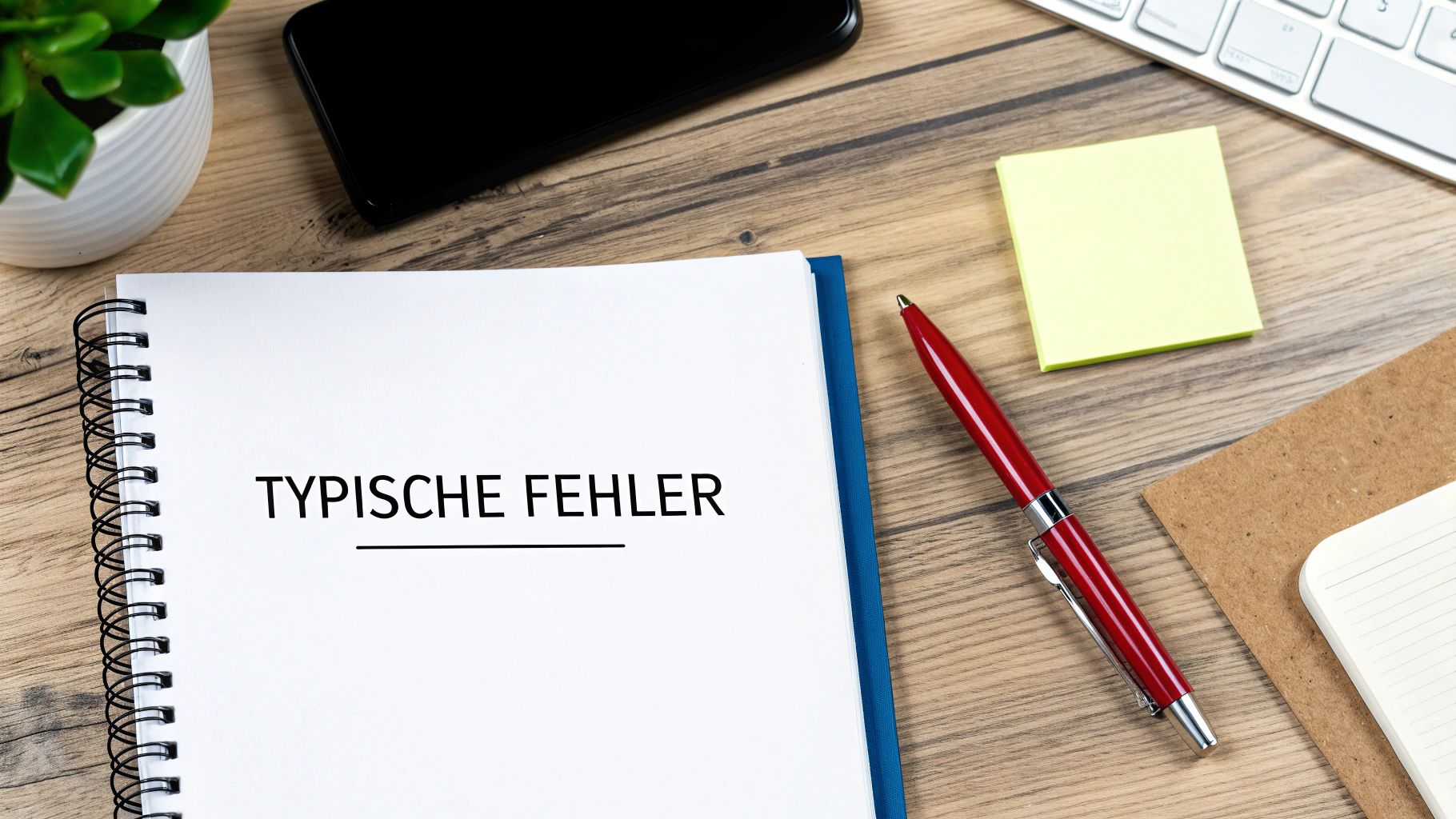 Notizbuch mit der Aufschrift 'TYPISCHE FEHLER' auf einem Holztisch, umgeben von Stift, Handy und Notizzettel.