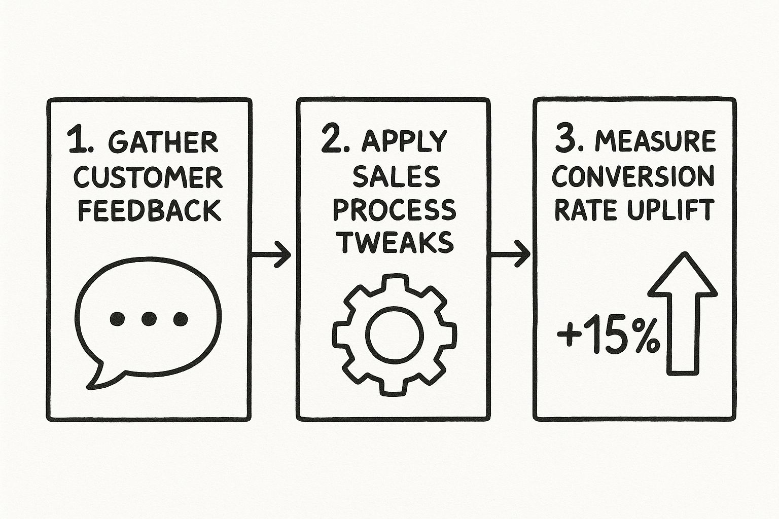 Infographic showing a three-step process: gathering customer feedback, applying sales process tweaks, and measuring conversion rate uplift.