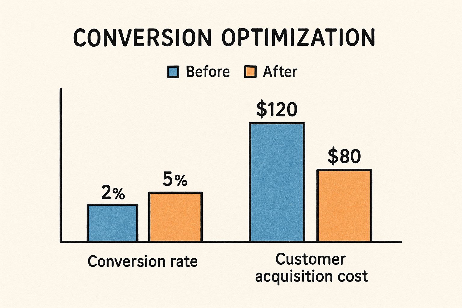 Infographic showing how increasing conversion rate from 2% to 5% can reduce customer acquisition cost from $120 to $80.