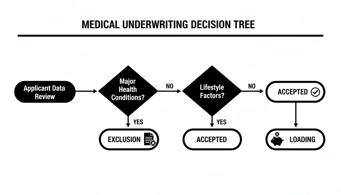 Flowchart illustrating medical underwriting decisions based on applicant health and lifestyle factors.