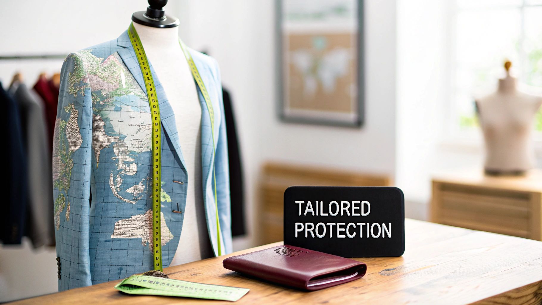 Tailor's dummy with world map jacket, measuring tape, and 'TAILORED PROTECTION' sign on a wooden desk.