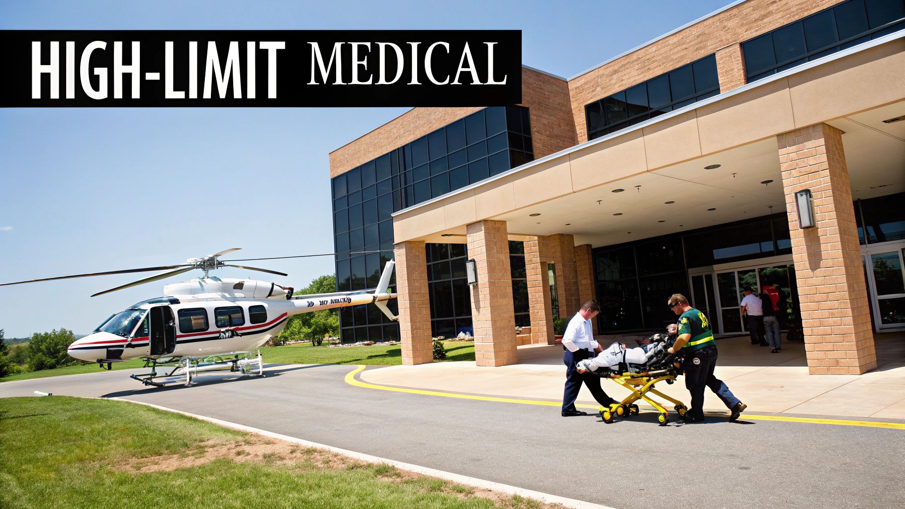 Medical staff transfer a patient on a stretcher from a helicopter to a modern medical facility.