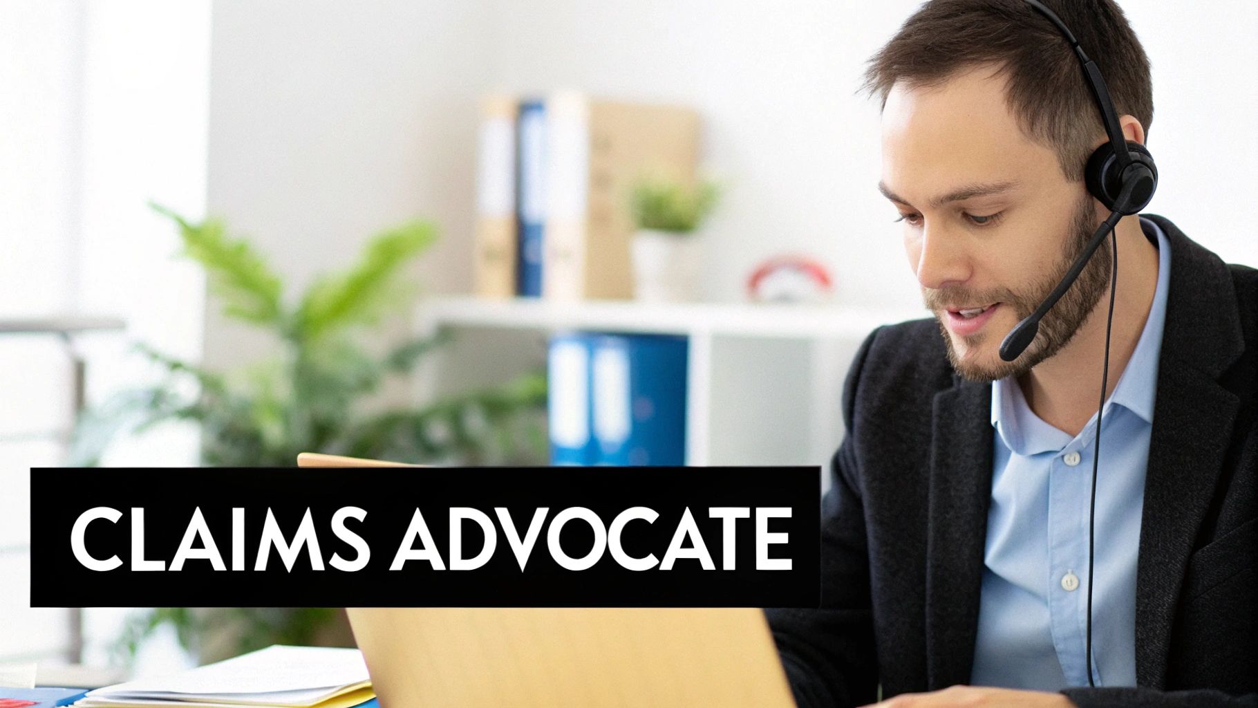 Professional claims advocate wearing headset working on laptop providing customer support service