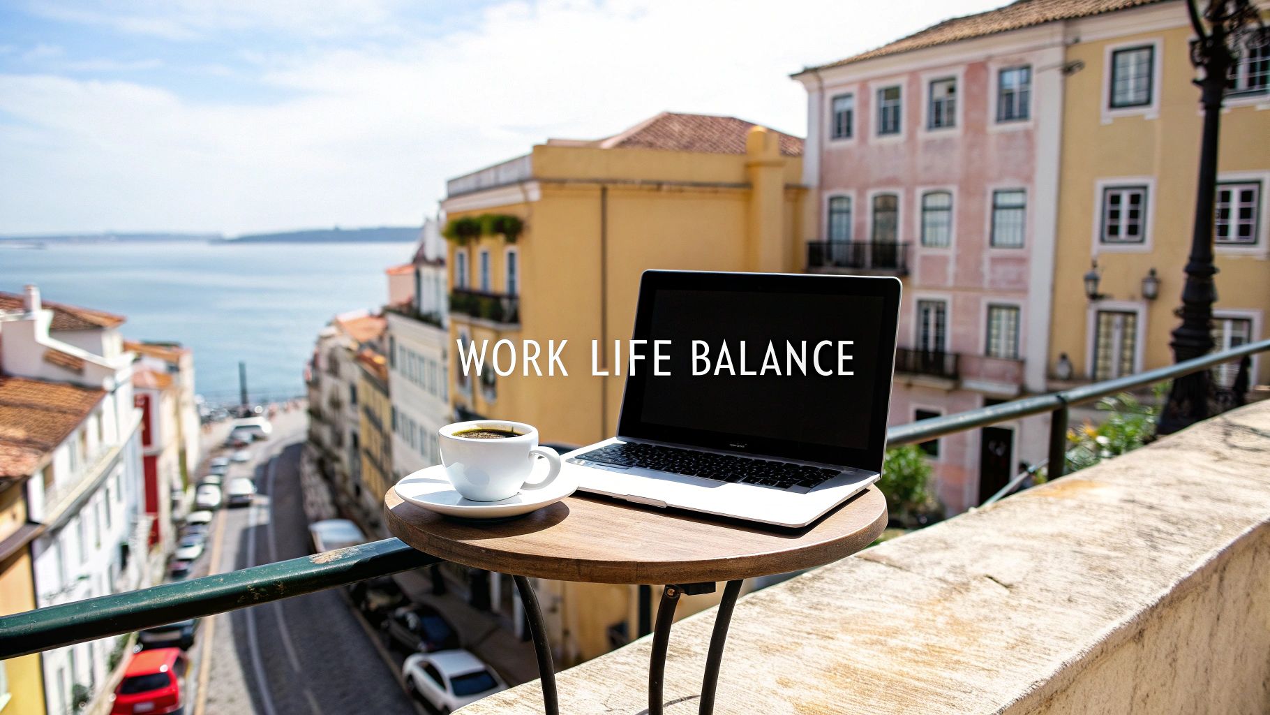 A laptop displaying 'WORK LIFE BALANCE' and a coffee cup on a balcony overlooking a city and ocean.