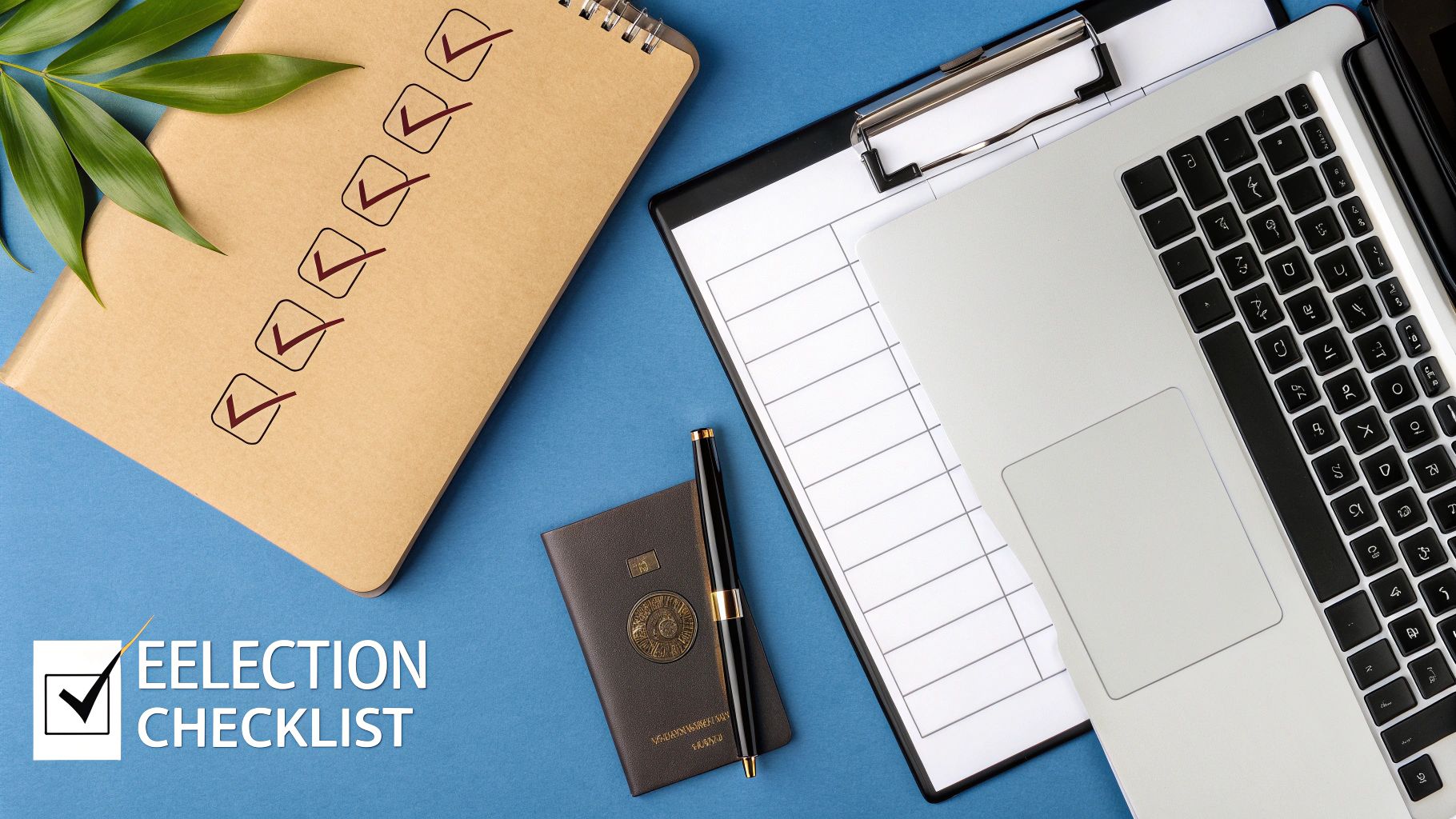 Election checklist notebook with checkmarks, laptop, clipboard and pen on blue desk workspace