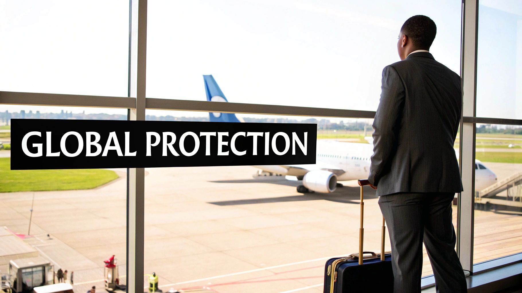 A businessman with a suitcase looks out an airport window at a plane, text reads 'GLOBAL PROTECTION'.