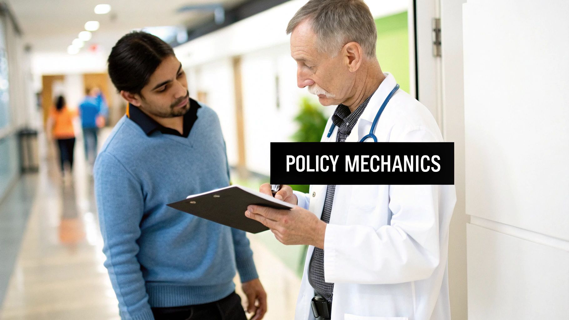 A doctor in a white coat with a stethoscope consults a male patient in a clinic hallway.