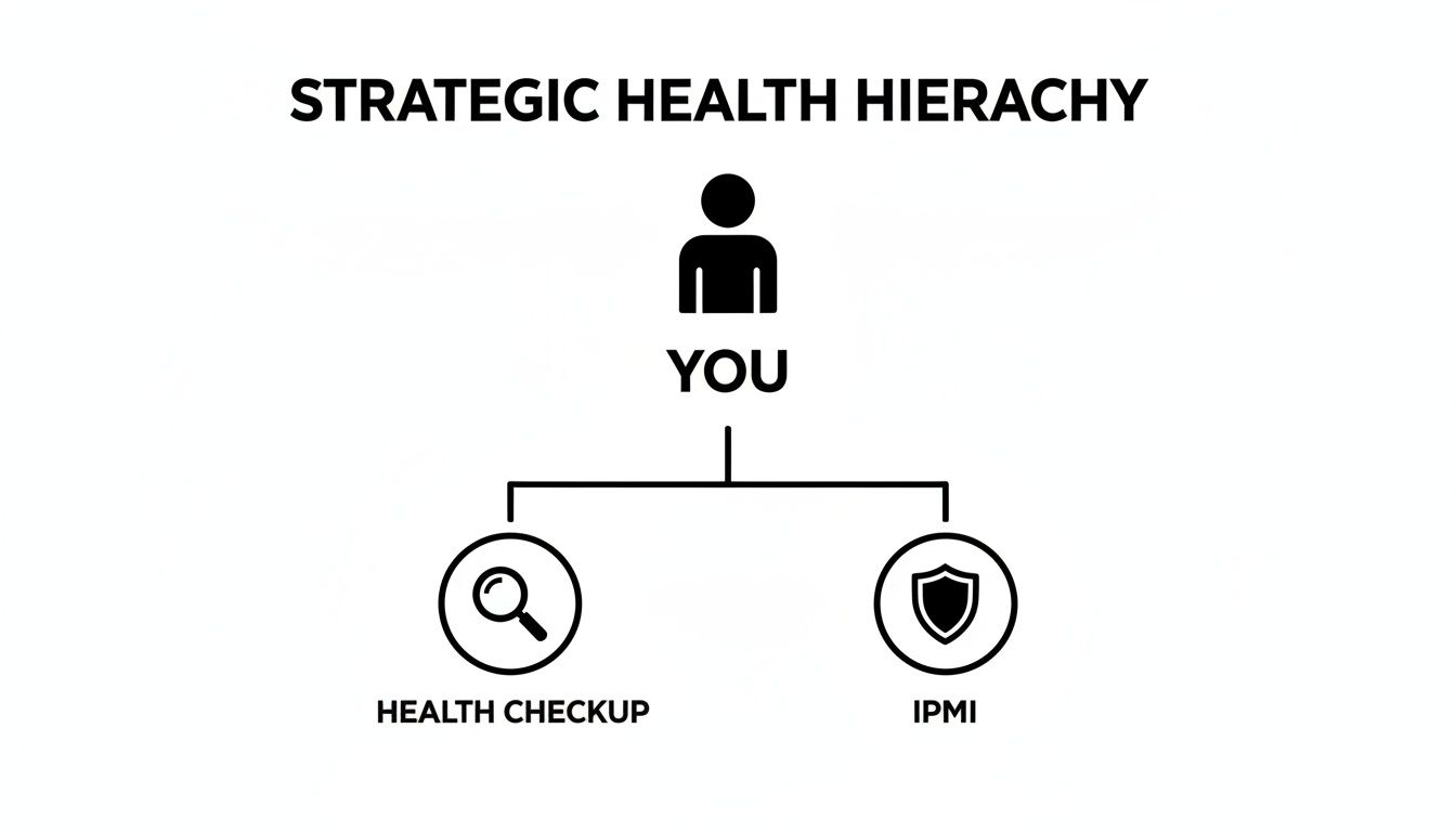 A strategic health hierarchy diagram showing 'YOU' linked to 'HEALTH CHECKUP' and 'IPMI' options.