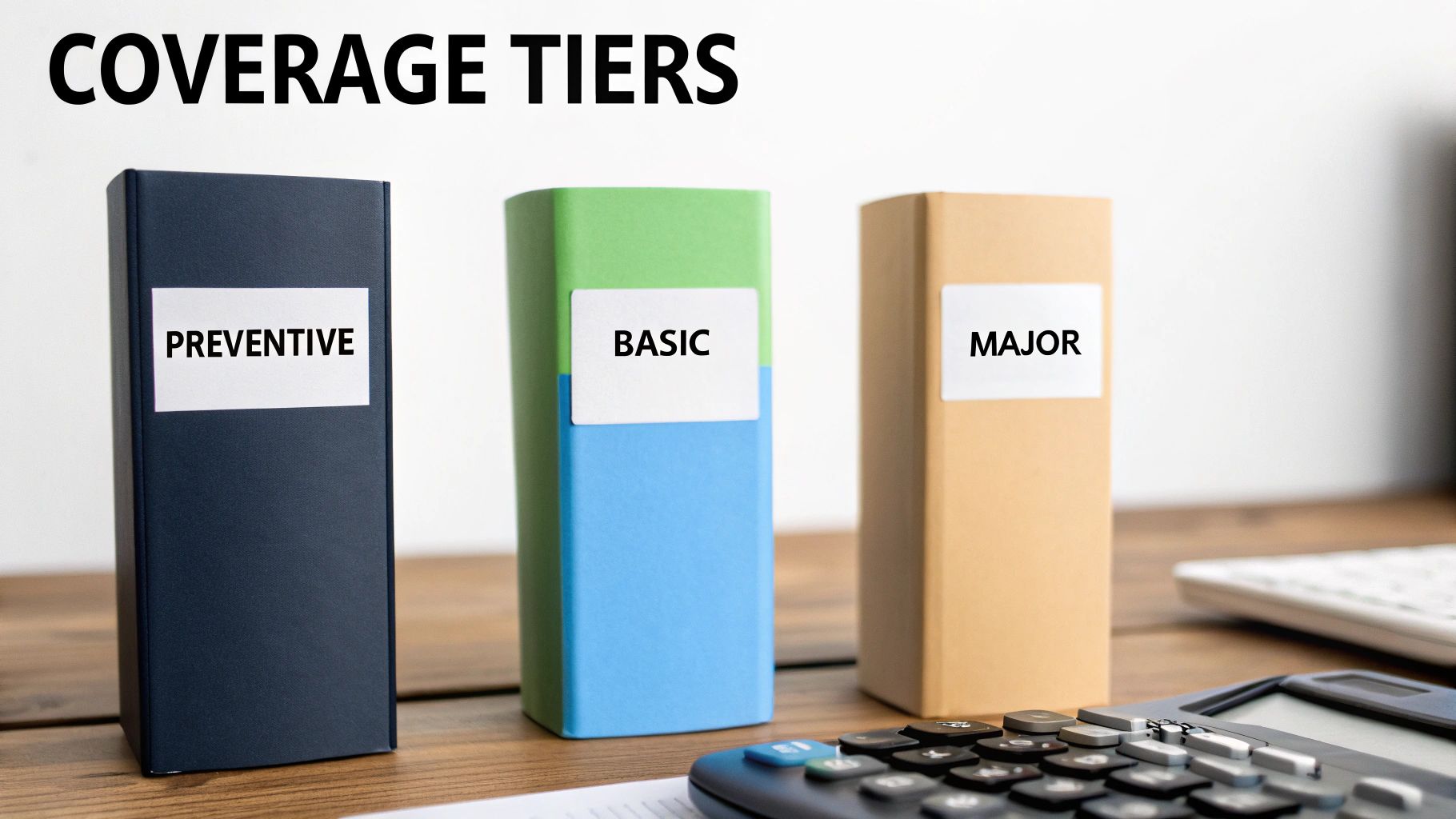 Three labeled binders, Preventive, Basic, and Major, represent different coverage tiers on a desk.